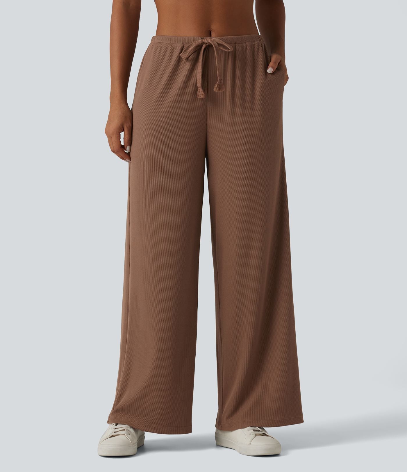 Pantalon large casual en maille côtelée extensible taille mi-haute avec cordon de serrage et poches