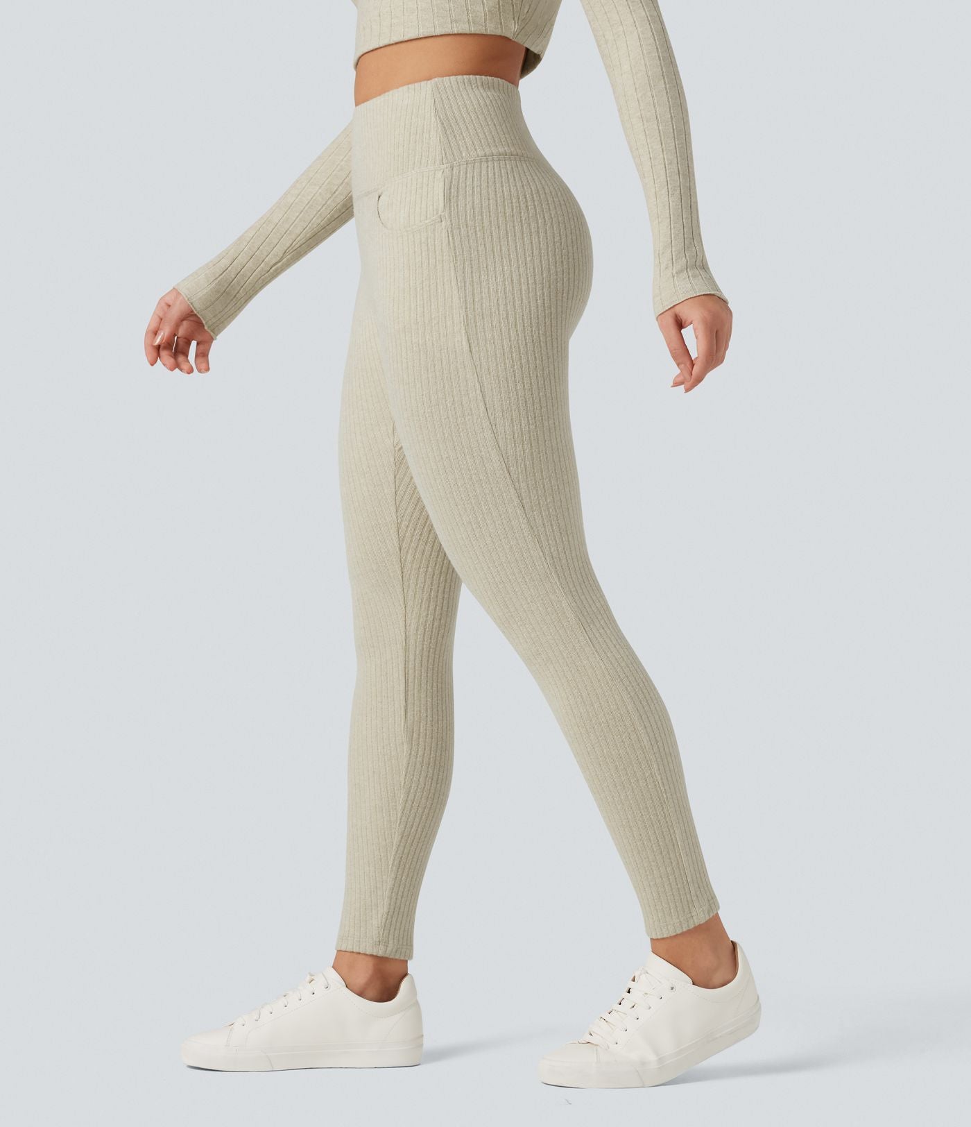 Legging côtelé croisé dans le dos taille haute avec poches