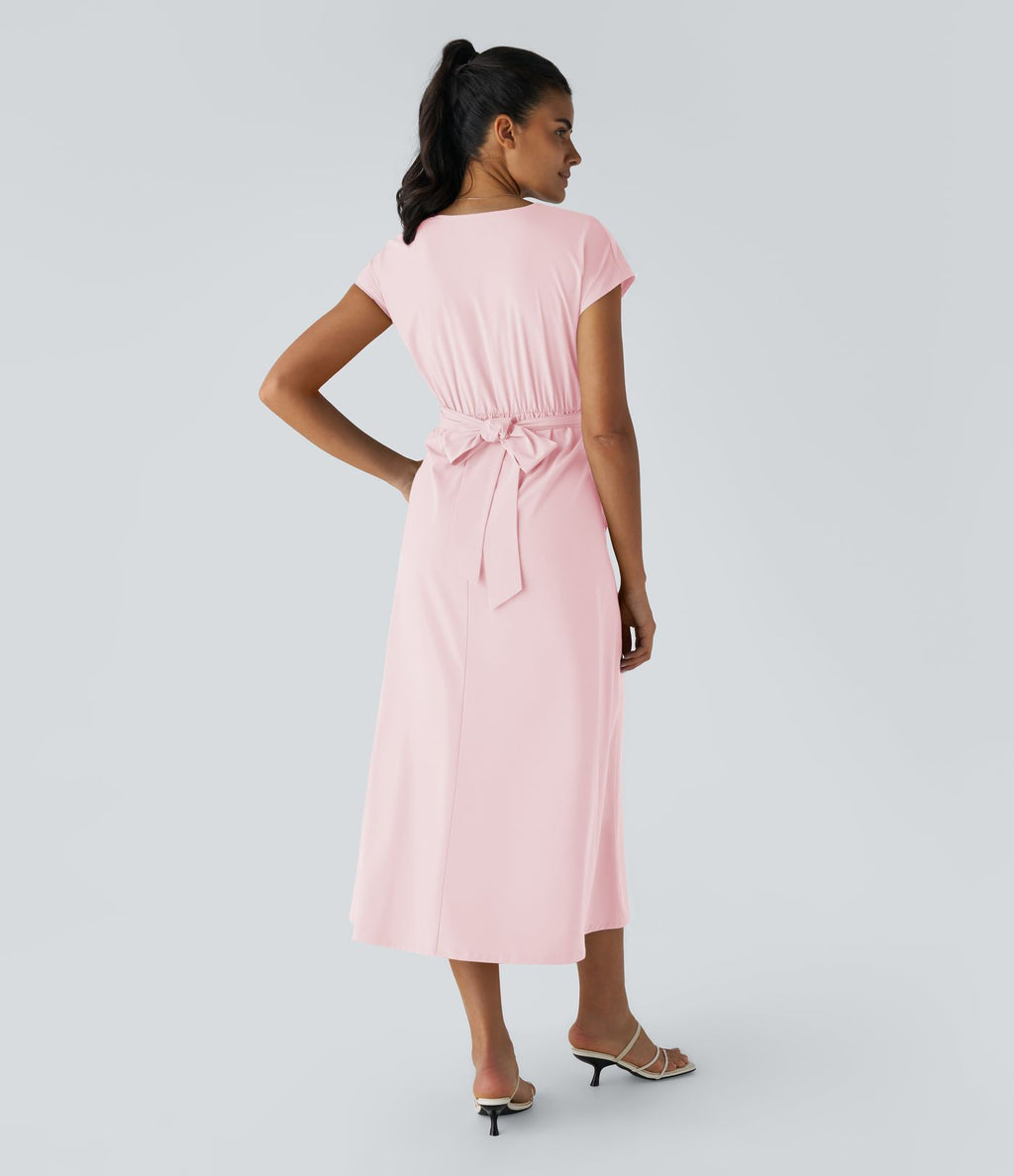 Breezeful™ Robe Mi-Longue Col en V Manches Courtes Poche Latérale Nouée au Dos Séchage Rapide