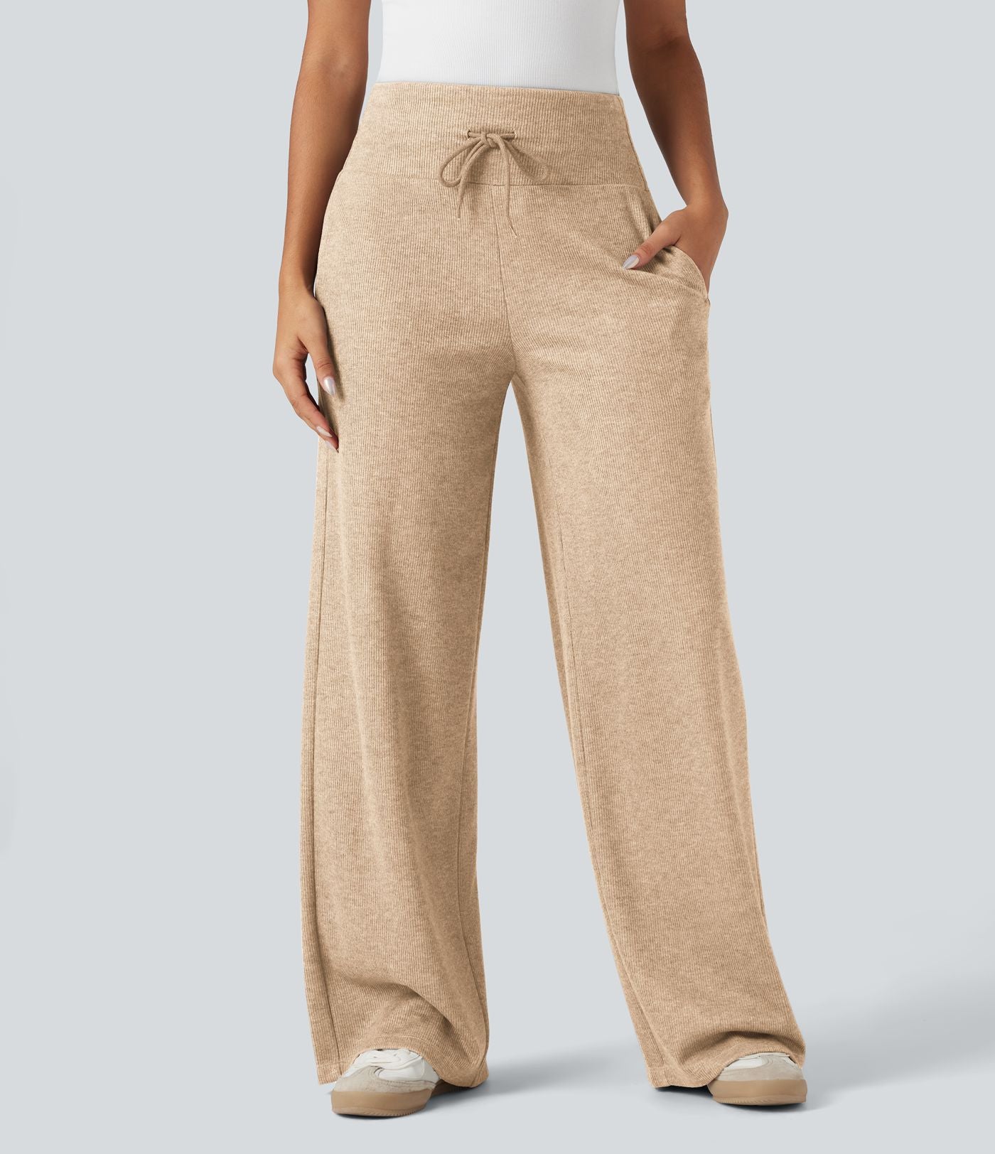 Pantalon jogging large décontracté côtelé gainant taille haute avec cordon de serrage et poches