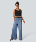 Halara Flex™ Jean large Palazzo et Taille Haute avec Poches Avant en Tricot Extensible Lavé