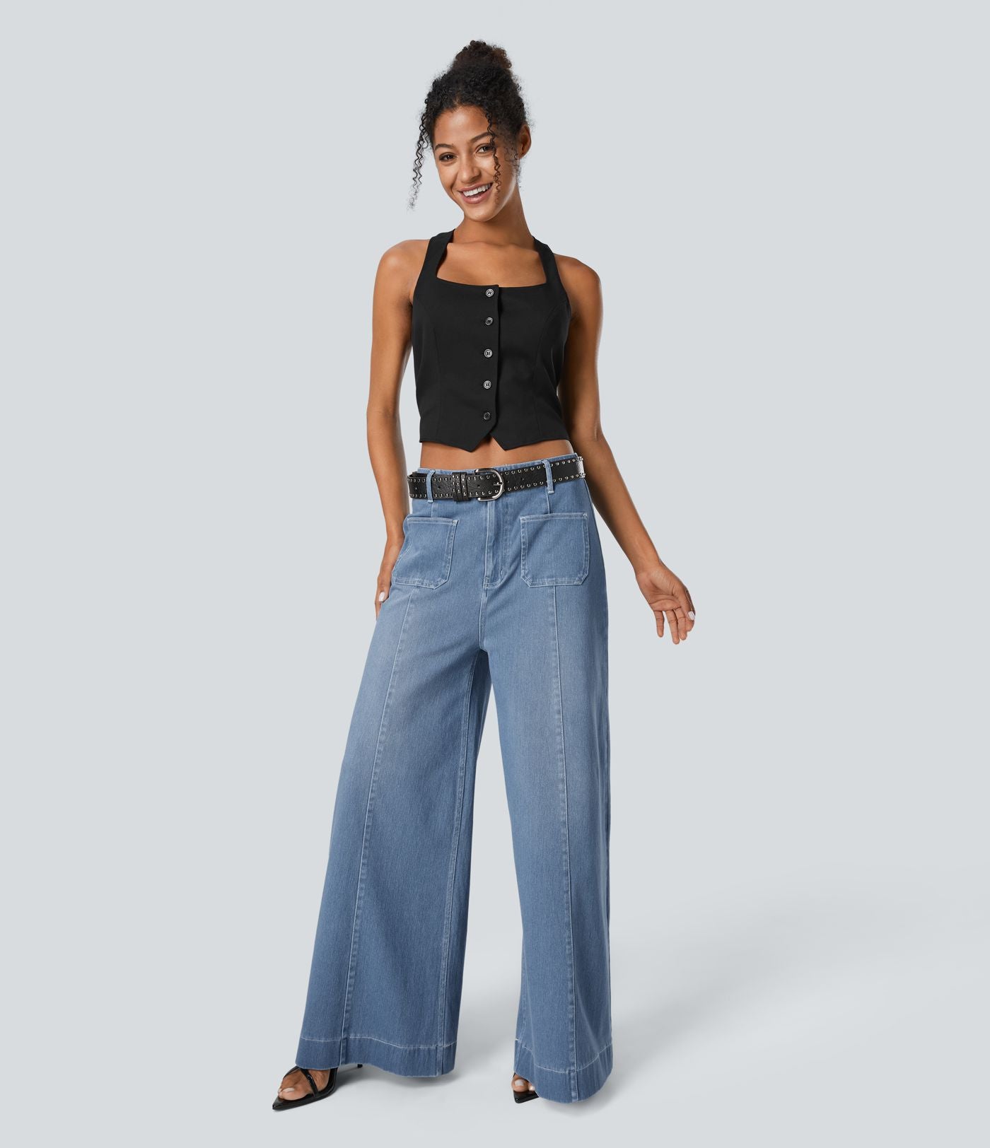 Halara Flex™ Jean large Palazzo et Taille Haute avec Poches Avant en Tricot Extensible Lavé