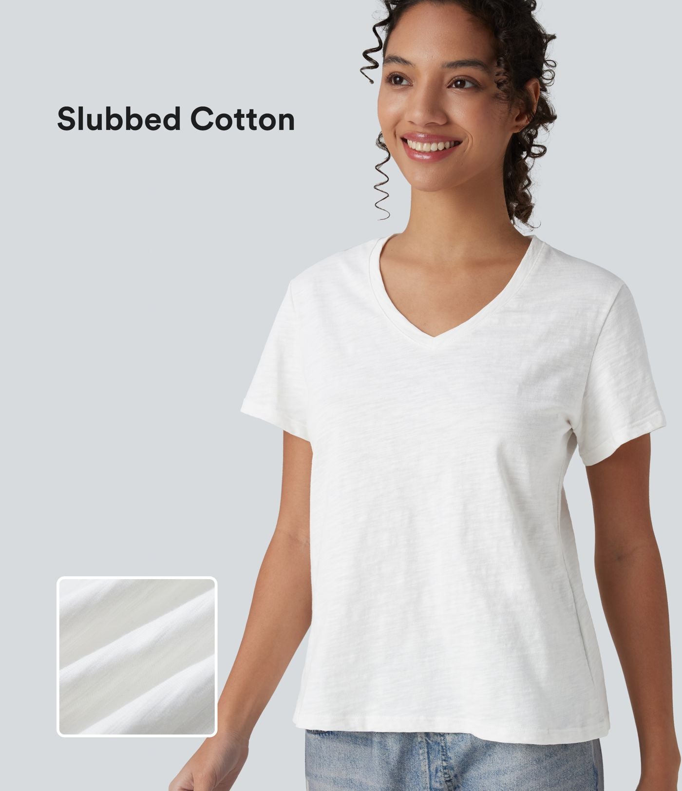 T-shirt casual ample col V manches courtes en coton slub