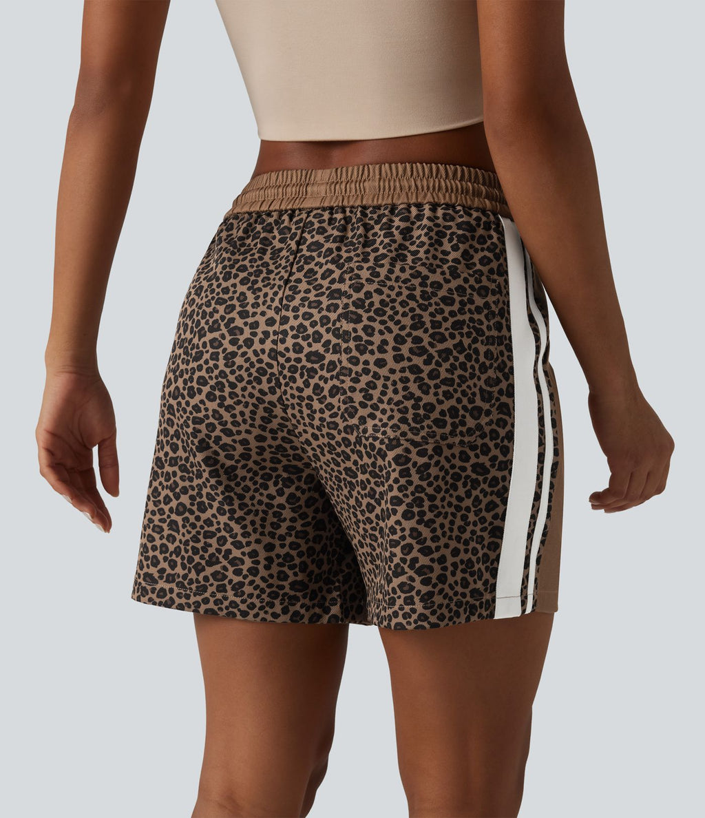 Short ample décontracté à taille mi-haute, cordon de serrage, rayures color block, imprimé léopard contrastant, 12,5 cm, avec poches