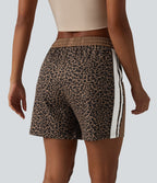 Short ample décontracté à taille mi-haute, cordon de serrage, rayures color block, imprimé léopard contrastant, 12,5 cm, avec poches