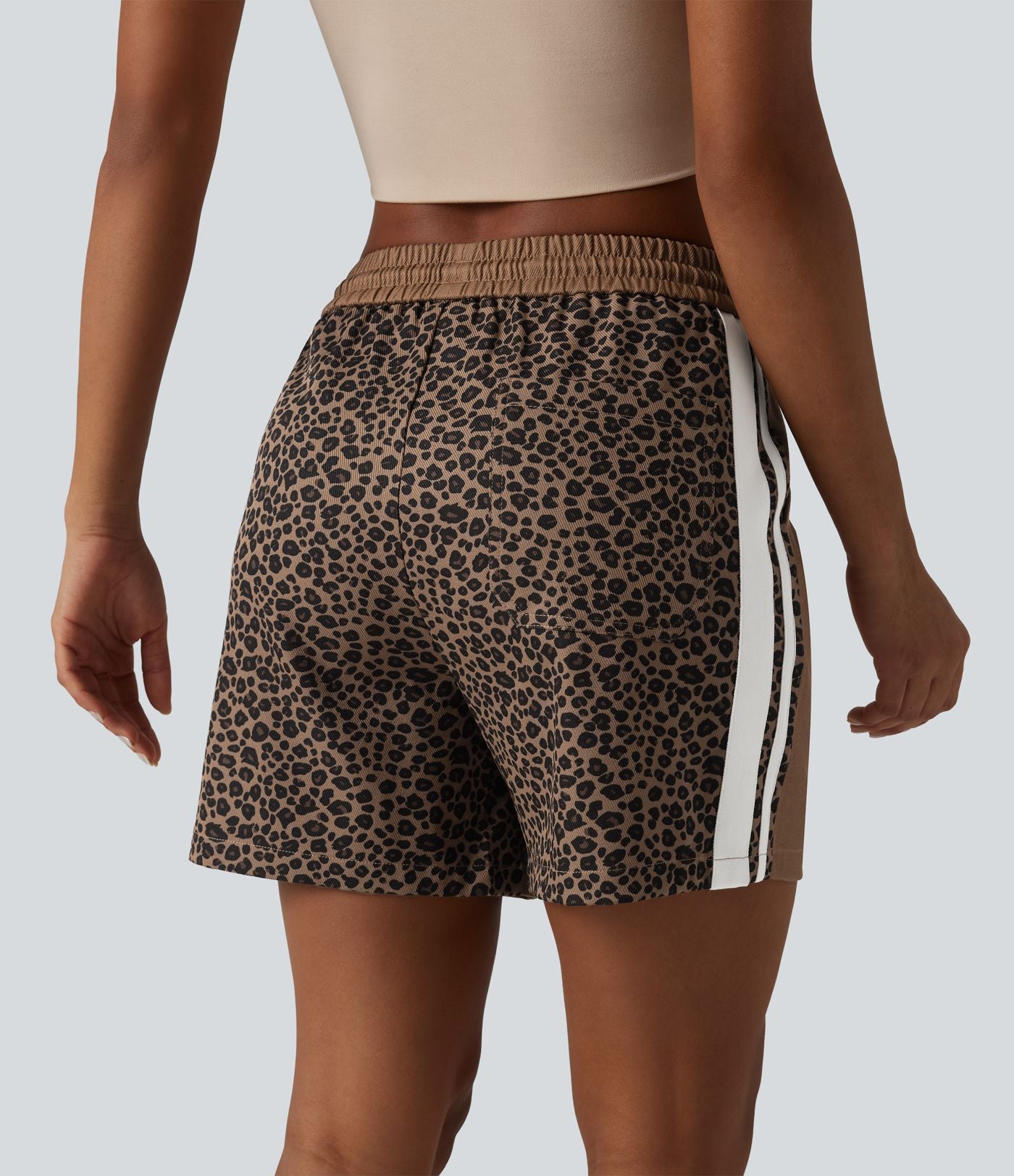 Short ample décontracté à taille mi-haute, cordon de serrage, rayures color block, imprimé léopard contrastant, 12,5 cm, avec poches