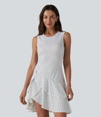 Robe mini casual à pois col rond sans manches ourlet à volants superposés