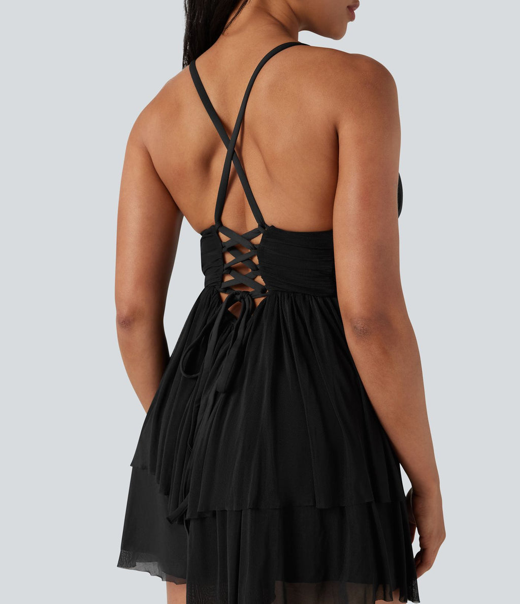 Robe courte mesh à volants dos nu lacée - Bonnets E-G