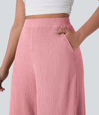 Pantalon décontracté fluide jambe large taille haute avec poches latérales
