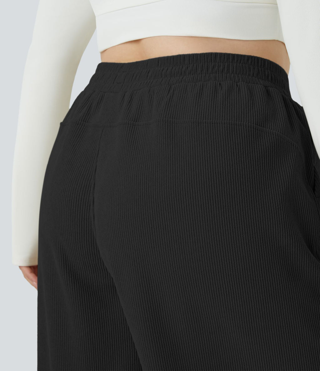 Pantalon décontracté grande taille en velours côtelé coupe droite taille haute avec poches latérales
