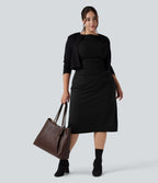 Robe midi grande taille moulante froncée à manches courtes avec fente pour le travail