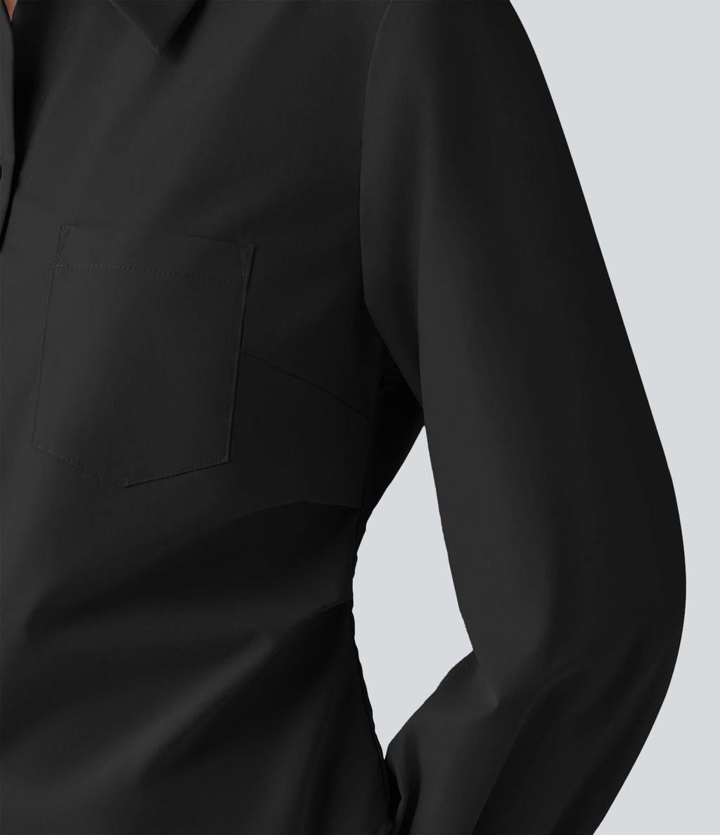 Chemise décontractée manches longues ourlet arrondi avec poche