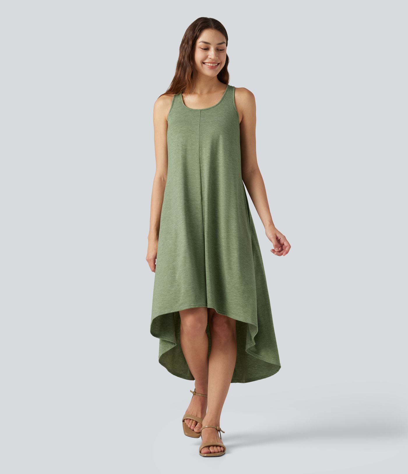 Robe midi fluide à dos nageur, soutien-gorge intégré, ourlet asymétrique et poches