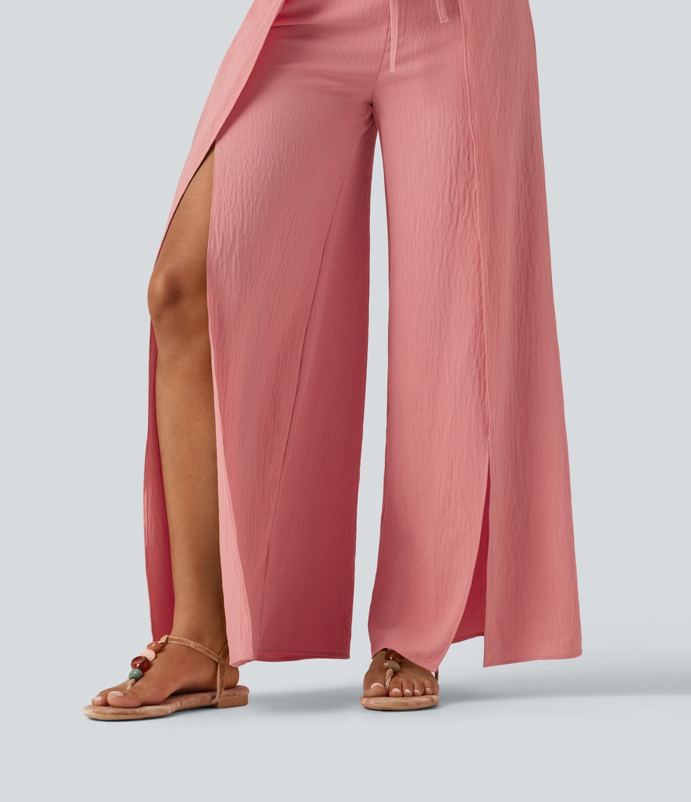 Pantalon ample fluide effet lin taille haute avec laçage