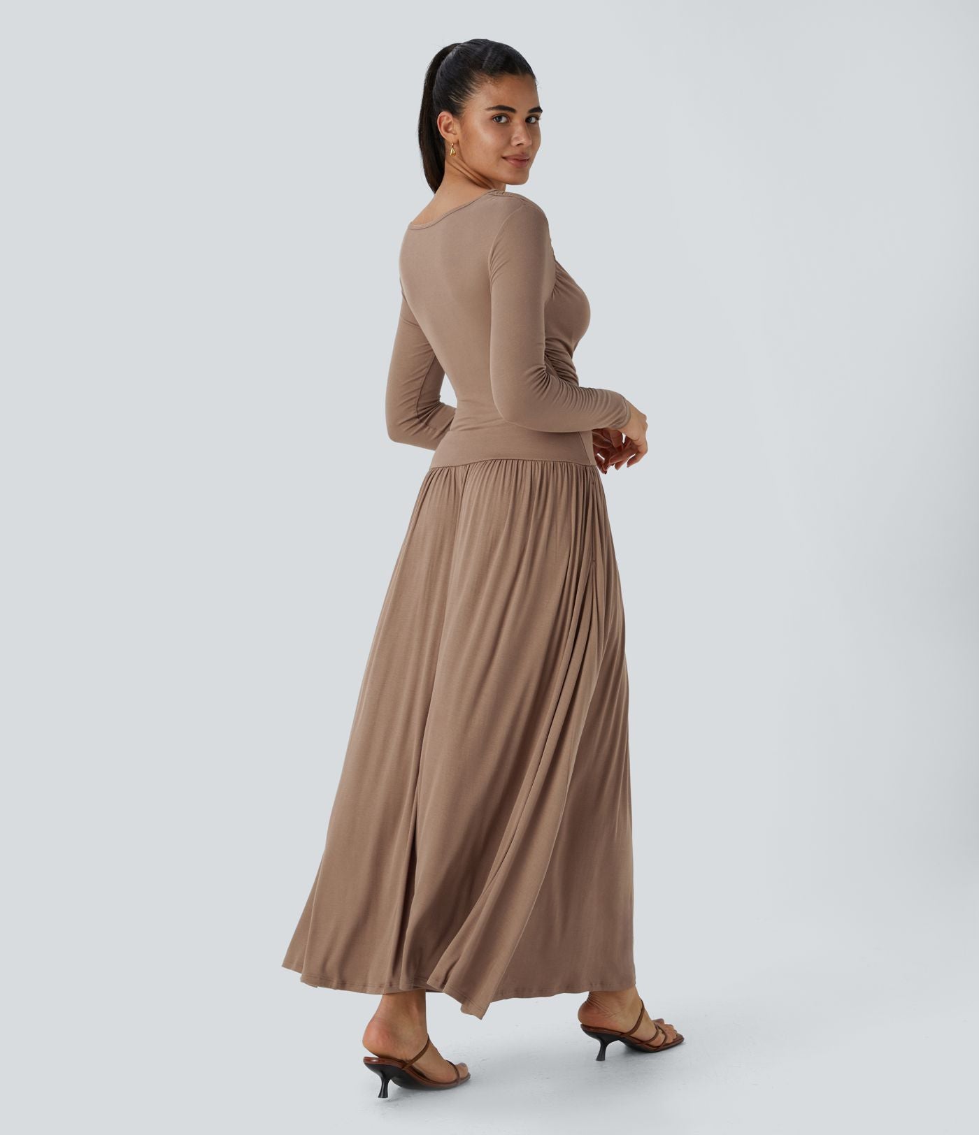 Robe Casual Maxi Fluide Encolure Bateau en Côtes avec Poches Latérales et Froncée