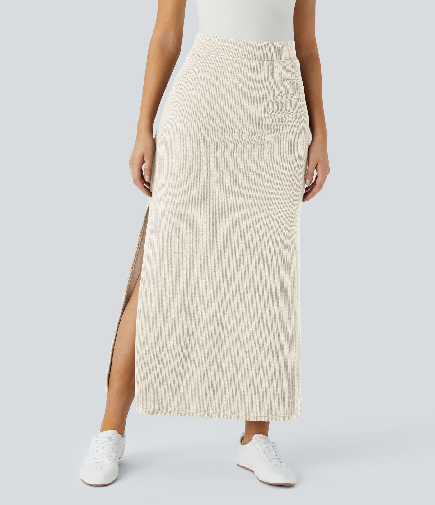 Jupe Casual Maxi à Taille Haute et Ourlet Fendu en A-Line en Côtes
