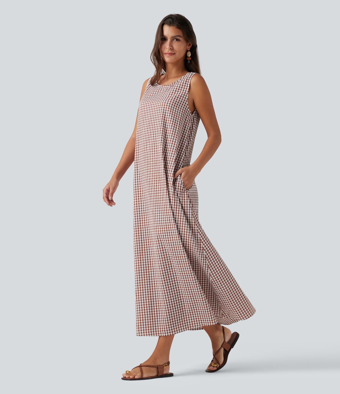Robe débardeur midi décontractée col rond sans manches en vichy froissé avec poches