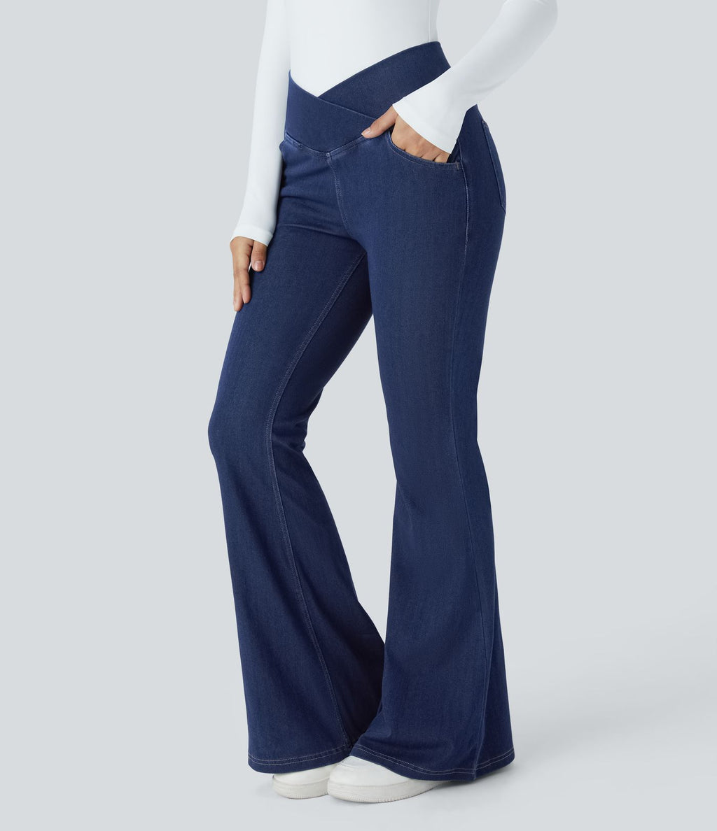 Jean super évasé Halara Flex™ décontracté maille denim extensible délavée effet frais InstantCool taille haute poches croisées