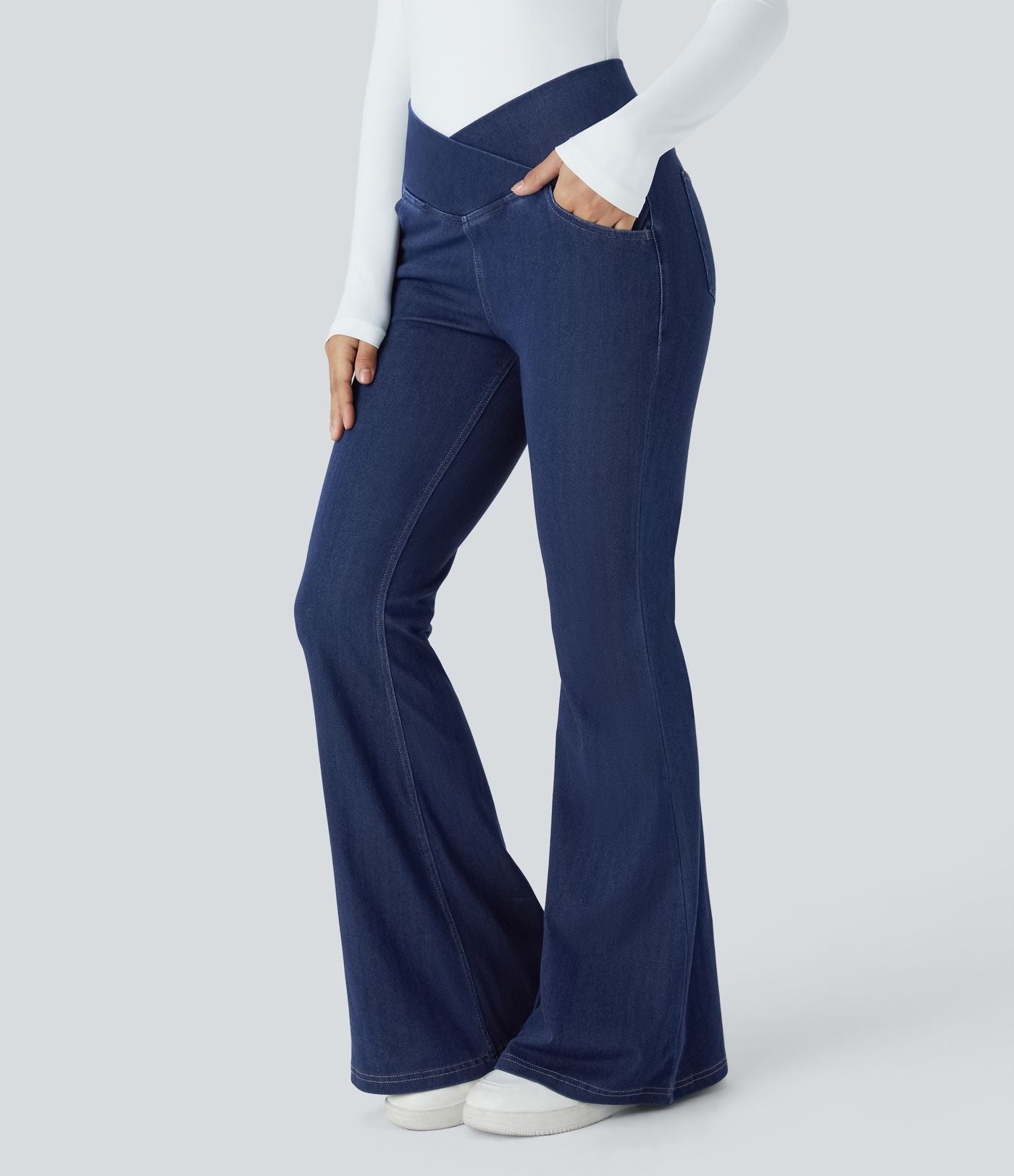 Jean super évasé Halara Flex™ décontracté maille denim extensible délavée effet frais InstantCool taille haute poches croisées