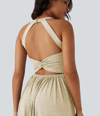 Robe longue fluide fendue avec poches latérales, dos nu et effet torsadé