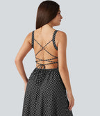 Robe midi fluide à pois à bretelles croisées dos nu col carré sans manches froncée avec soutien-gorge intégré
