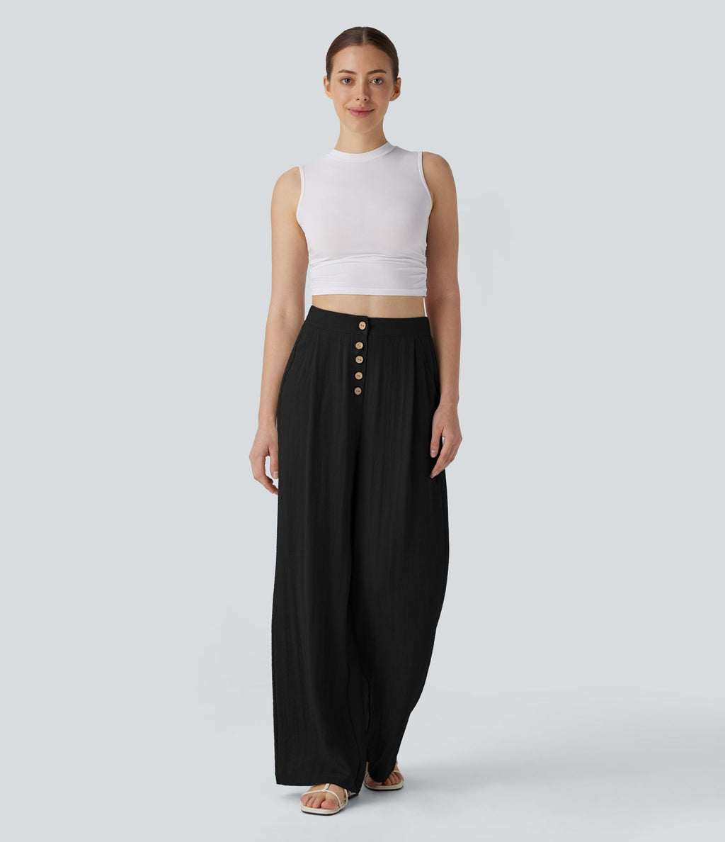 Pantalon large et fluide aspect lin taille haute, boutonné avec poches