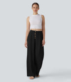 Pantalon large et fluide aspect lin taille haute, boutonné avec poches