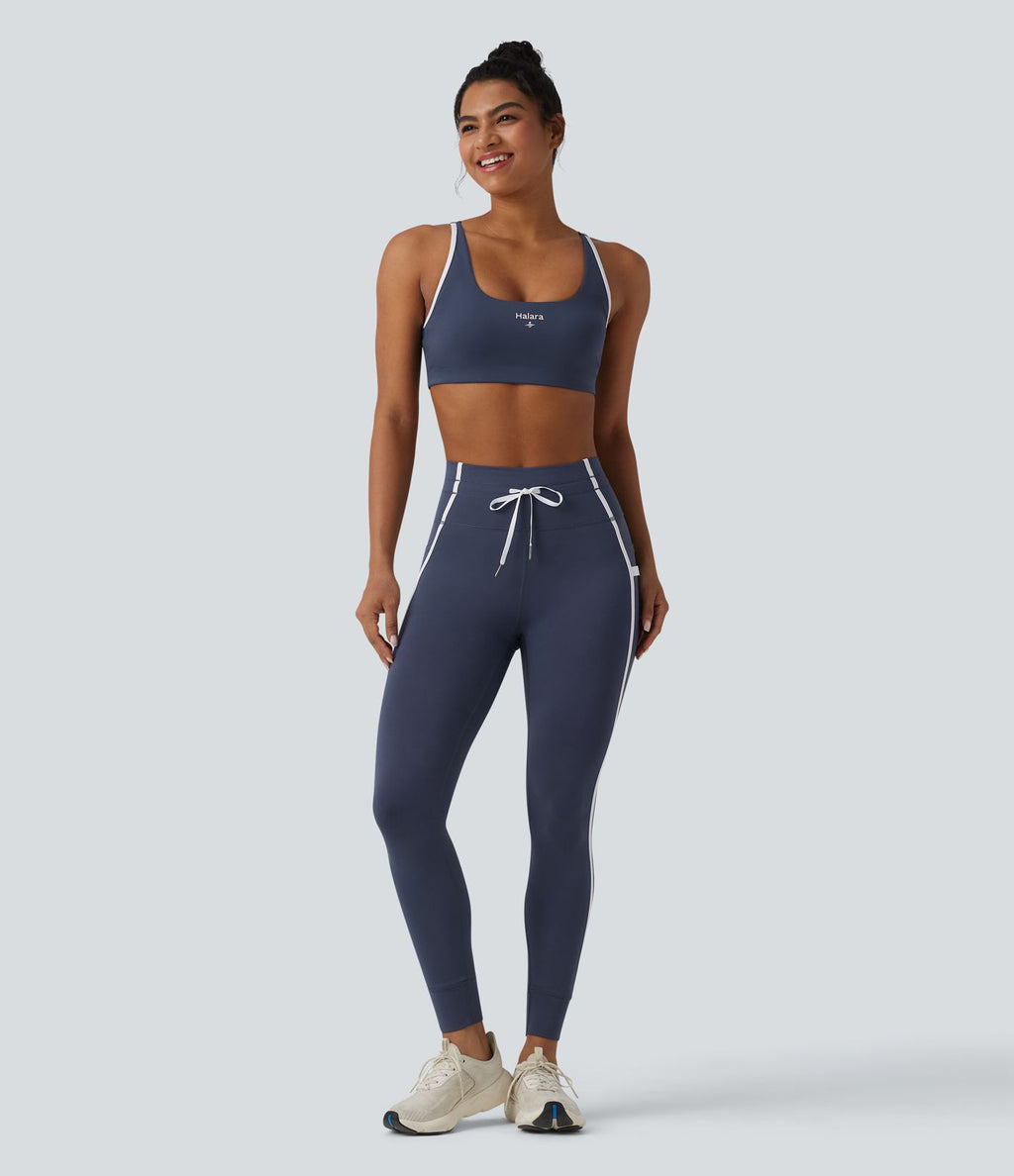 Brassière de sport yoga col U échancré color block imprimé lettrage avec brassière intégrée maintien léger