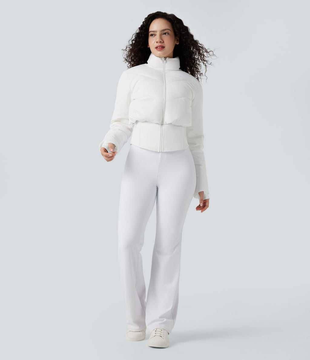 PuffFlex Manteau doudoune 3-en-1 court casual à col montant et veste à ourlet arrondi avec passants pouces et poche