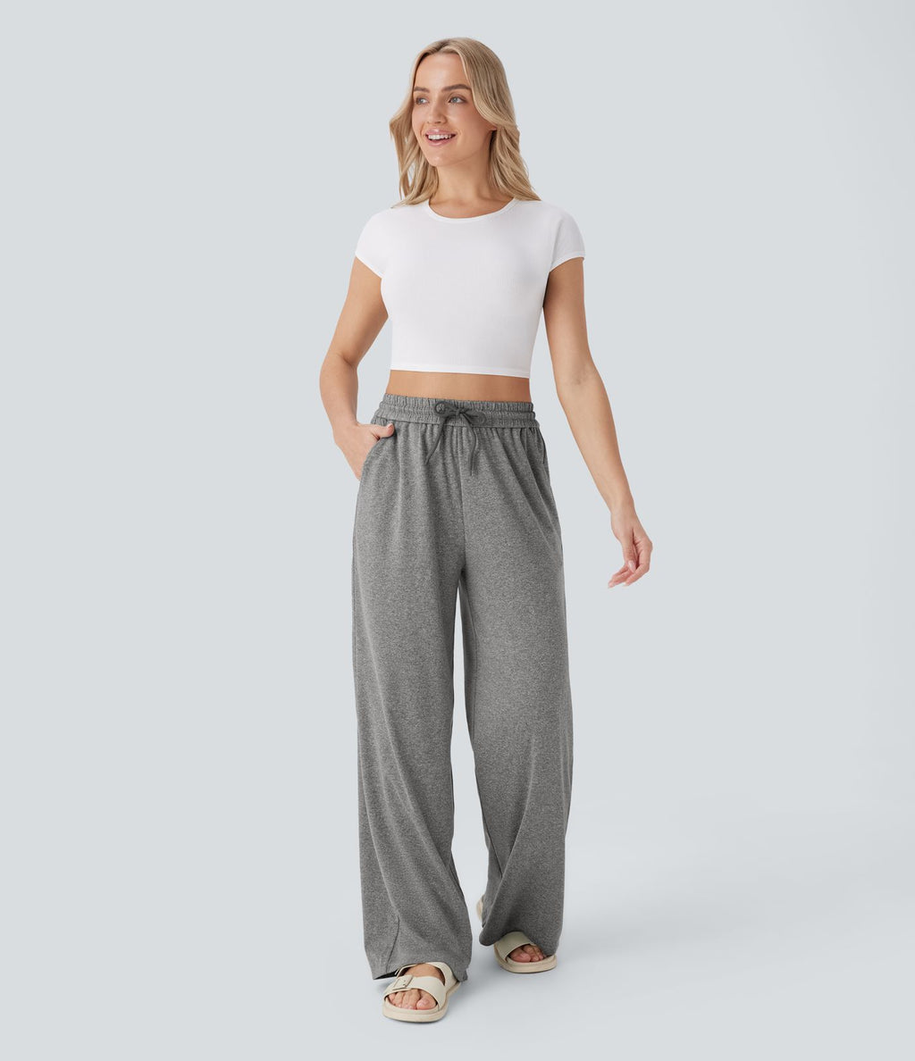 Pantalon large décontracté taille haute avec cordon de serrage et poches latérales