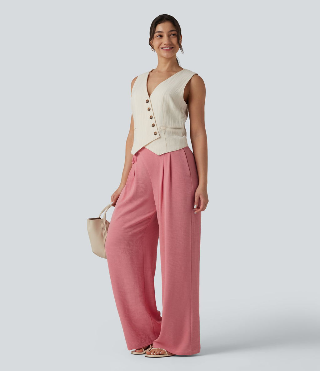 Pantalon détente  effet lin taille haute, cordon latéral avec poches