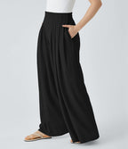 Pantalon décontracté palazzo en maille gaufrée, fluide, large, plissé, taille haute, avec poches