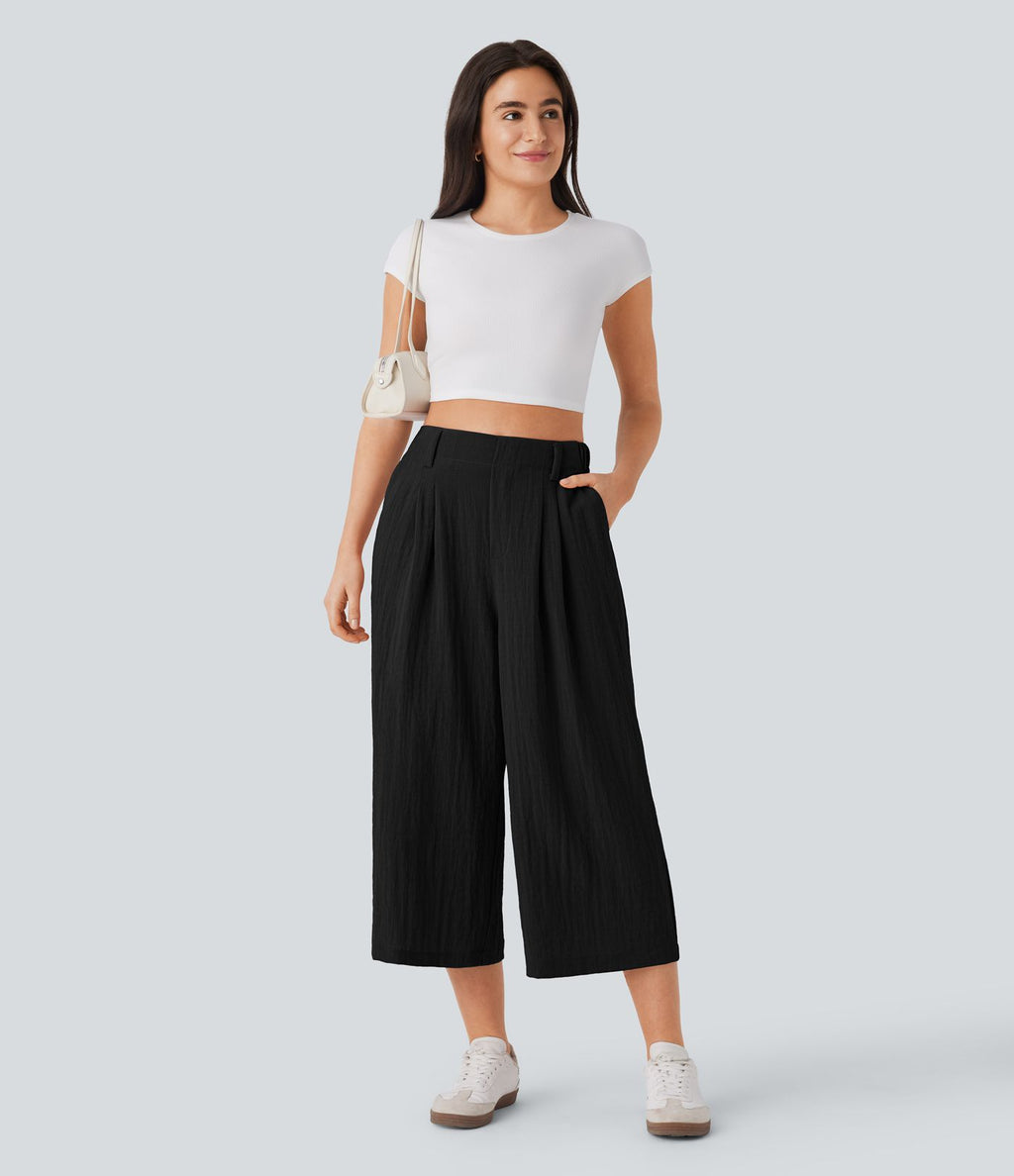 Pantalon décontracté palazzo capri uni effet lin, taille haute, large, avec poches