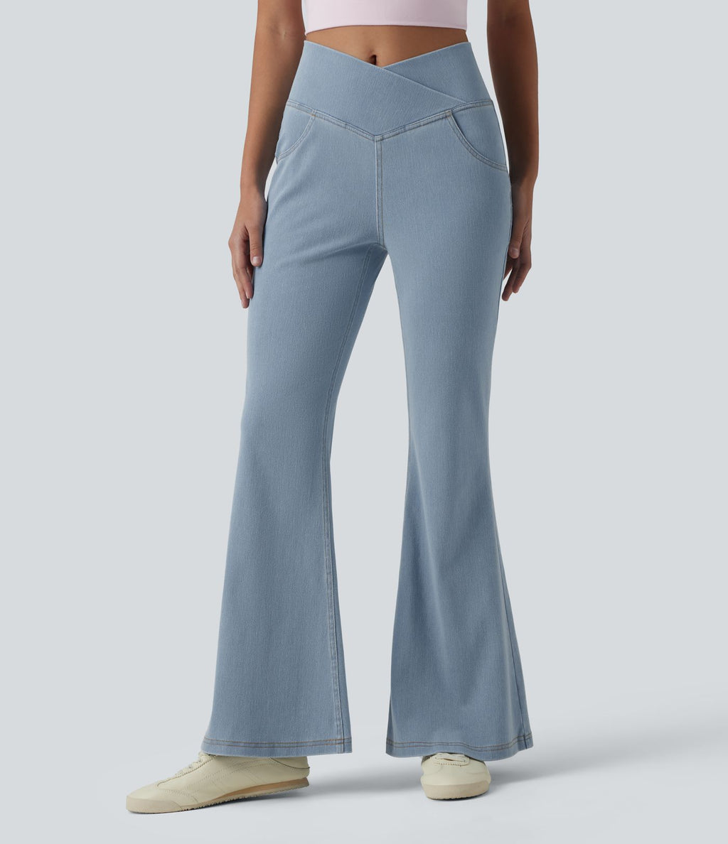 Halara Flex™ - Jean Ultra Evasé Tricot Extensible Lavé Poches Croisées Taille Haute