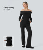 Combinaison décontractée évasée maille côtelée épaules dénudées ceinture rabattable manches longues avec poches - Édition Easy Peasy