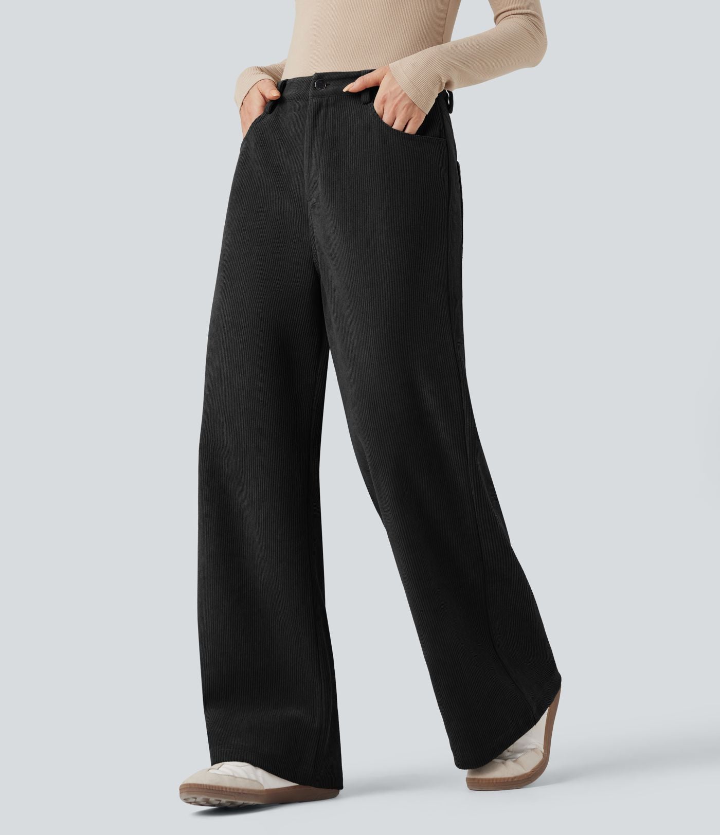 Pantalon large décontracté en velours côtelé taille haute avec poches