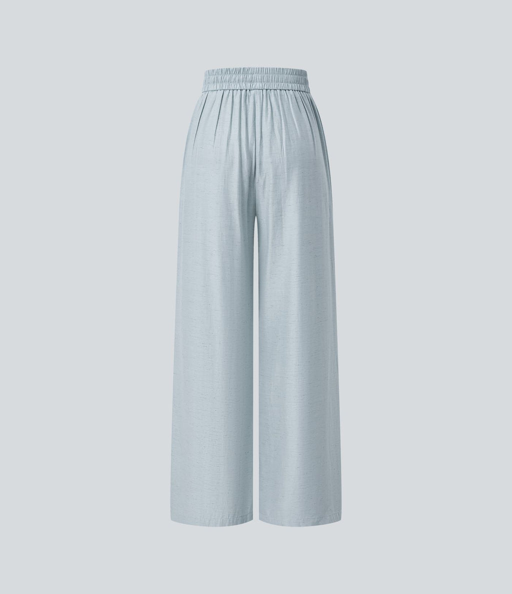 Pantalon casual large fluide mélange lin taille haute avec cordon de serrage et poches