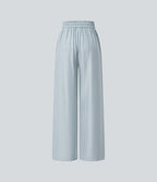 Pantalon casual large fluide mélange lin taille haute avec cordon de serrage et poches