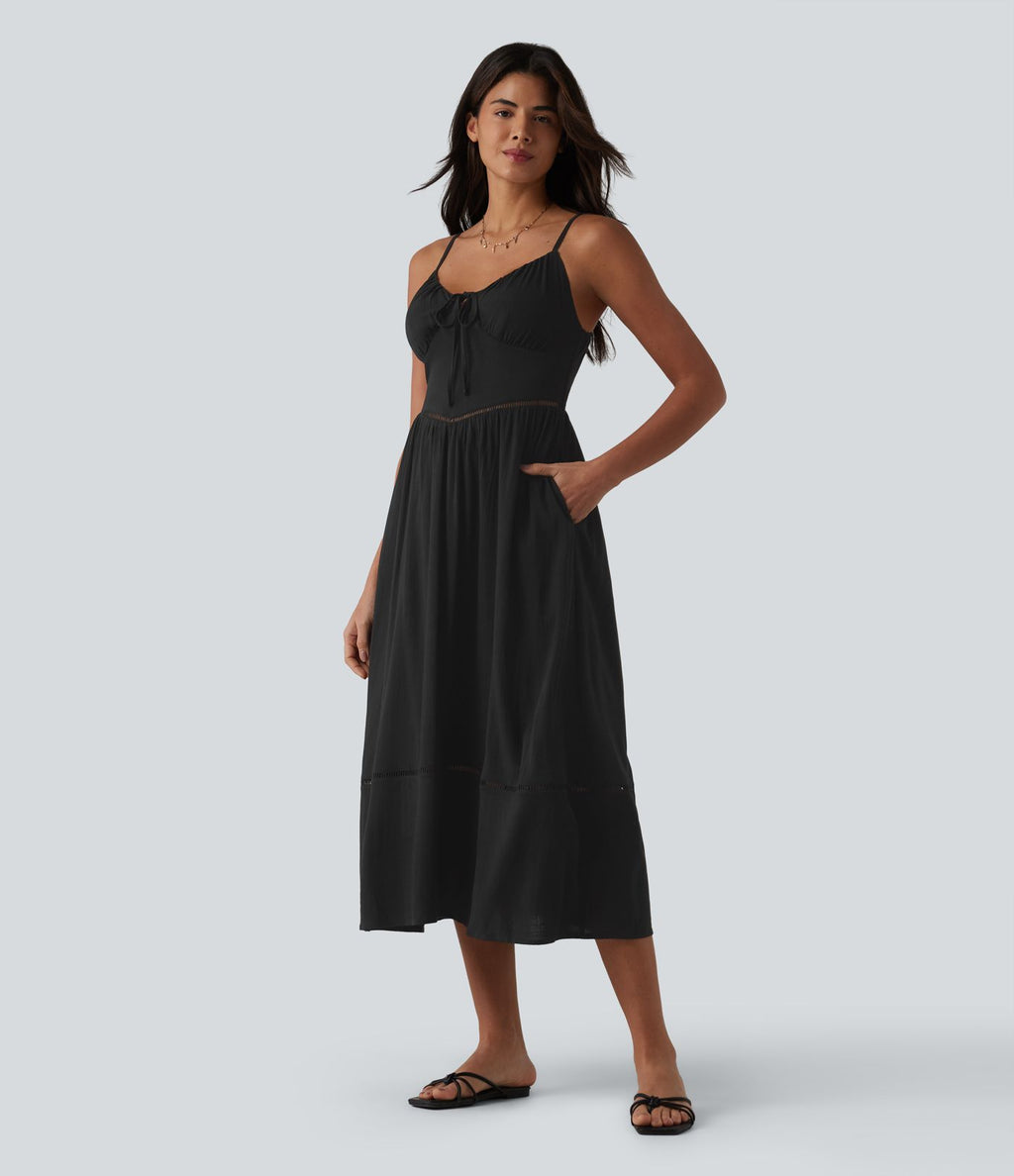 Robe nuisette midi aspect lin avec nœud devant, découpes et poches