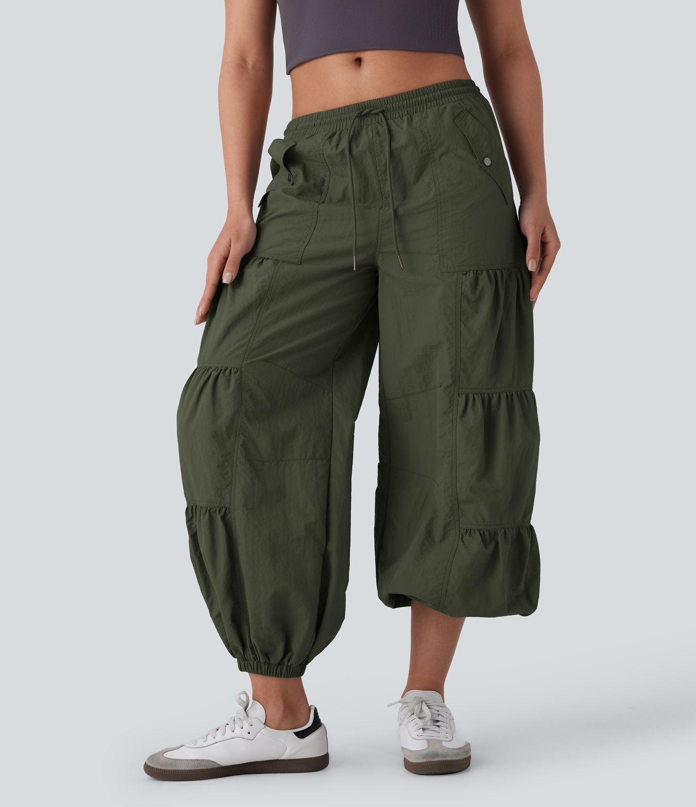 Jogging cargo décontracté parachute taille moyenne à cordon avec poches latérales et fronces