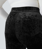 Pantalon décontracté grande taille en velours taille haute à boutons avec poches multiples et jambes droites