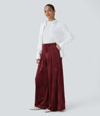 Pantalon de palazzo décontracté en velours côtelé taille haute à plis avec poches multiples