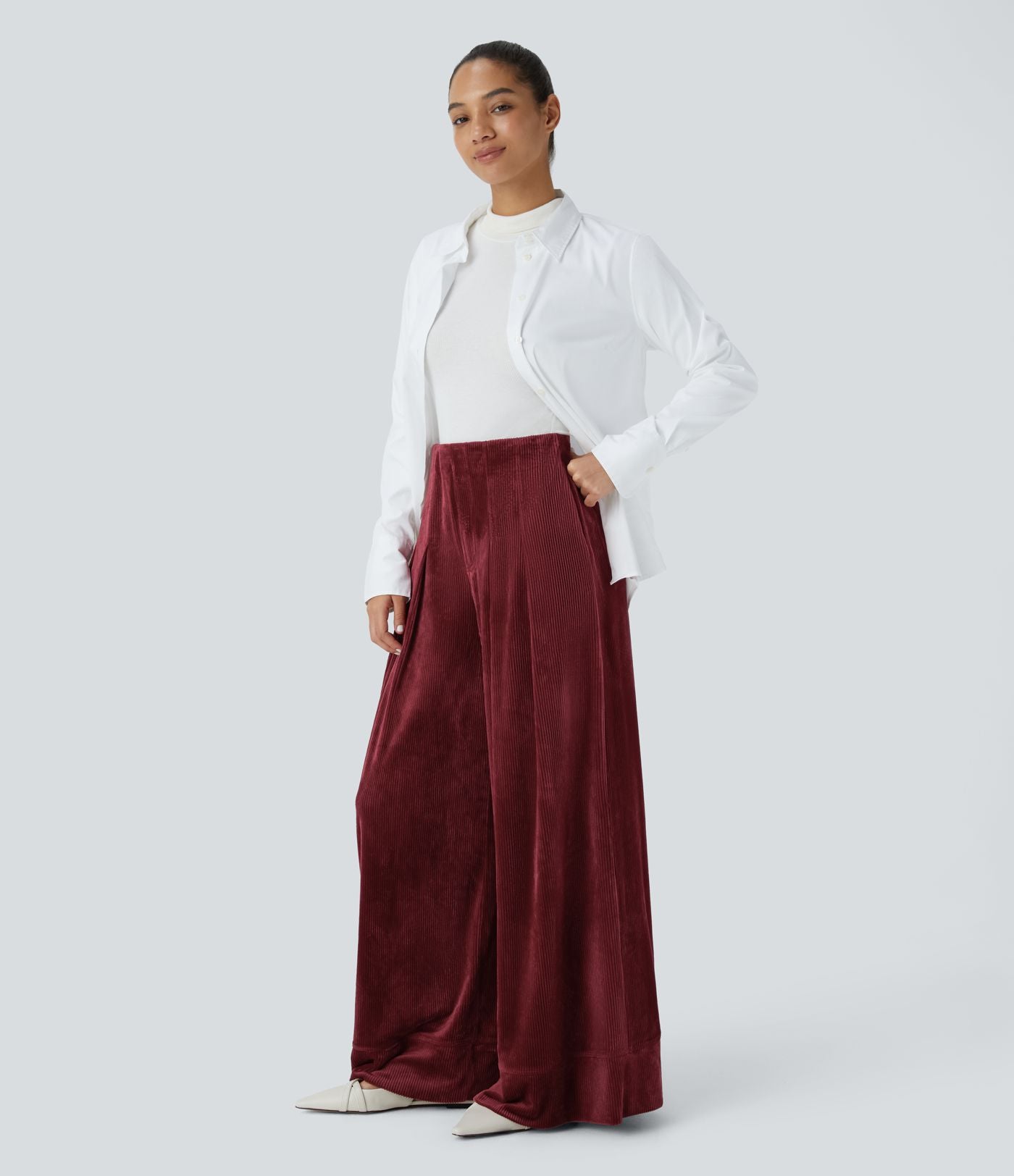 Pantalon de palazzo décontracté en velours côtelé taille haute à plis avec poches multiples