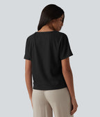 T-shirt casual en tissu gaufré à encolure cœur et manches courtes