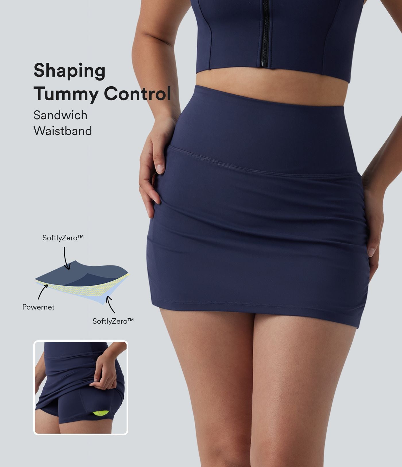 SoftlyZero™ Jupe de tennis mini moulante 2-en-1 ventre plat taille haute froncée avec poches - UPF50+
