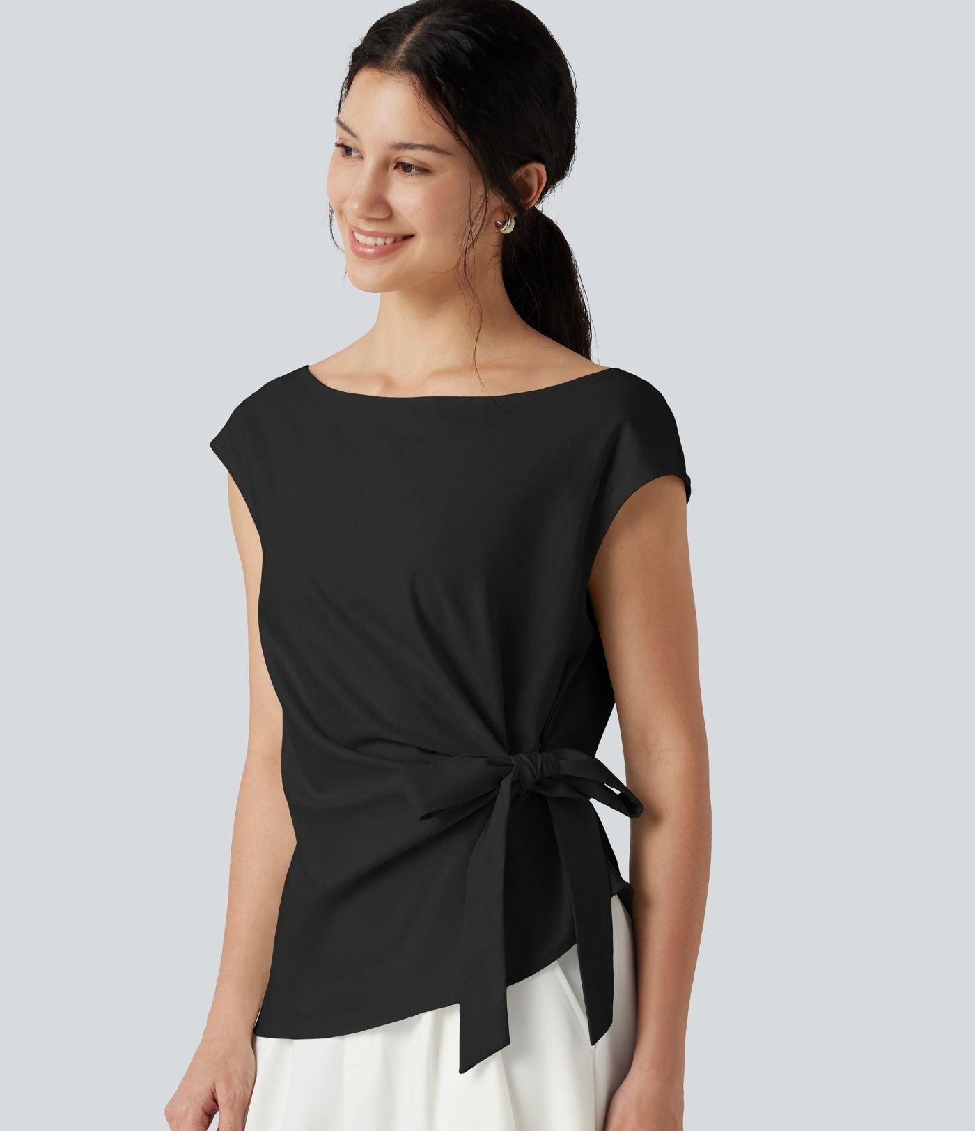 Blouse casual col bateau en mélange de lin à [manches cap] nouée sur le côté