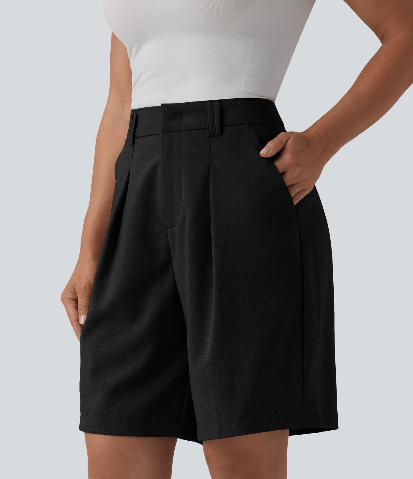 Bermuda tailleur taille haute aspect lin avec poches