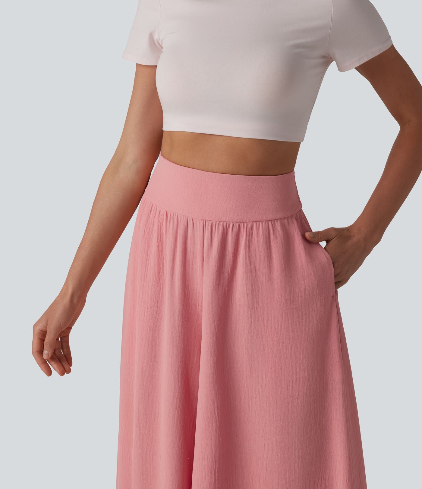Pantalon fluide décontracté taille haute froncé aspect lin avec poches