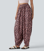 Jogging casual fluide gaufré imprimé léopard taille haute avec poches
