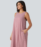 Robe débardeur midi décontractée col rond sans manches en vichy froissé avec poches